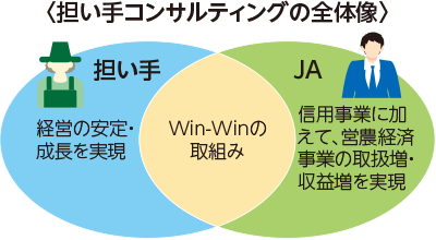 担い手コンサルティングの全体像。担い手(安定・成長)とJA(取扱増・収益増)のWin-WInの取組みを示している。