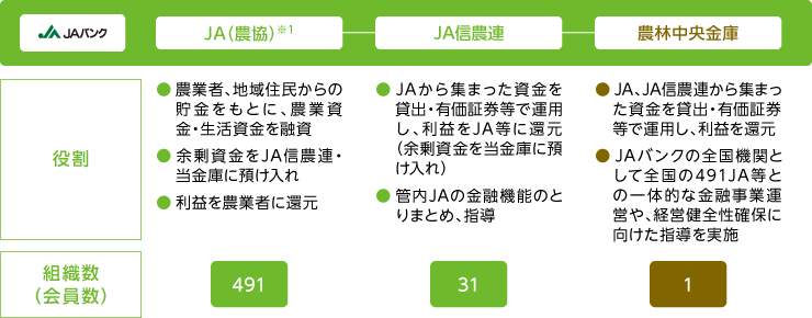 JA（農協）※1 役割：・農業者、地域住民からの貯金をもとに、農業資金・生活資金を融資・余剰資金をJA信農連・当金庫に預け入れ・利益を農業者に還元 組織数：491　JA信農連 役割：・JAから集まった資金を貸出・有価証券等で運用し、利益をJA等に還元（余剰資金を当金庫に預け入れ）・管内JAの金融機能のとりまとめ、指導 組織数：31　農林中央金庫 役割：・JA、JA信農連から集まった資金を貸出・有価証券等で運用し、利益を還元・JAバンクの全国機関として全国の	491JA等との一体的な金融事業運営や、経営健全性確保に向けた指導を実施 組織数：1