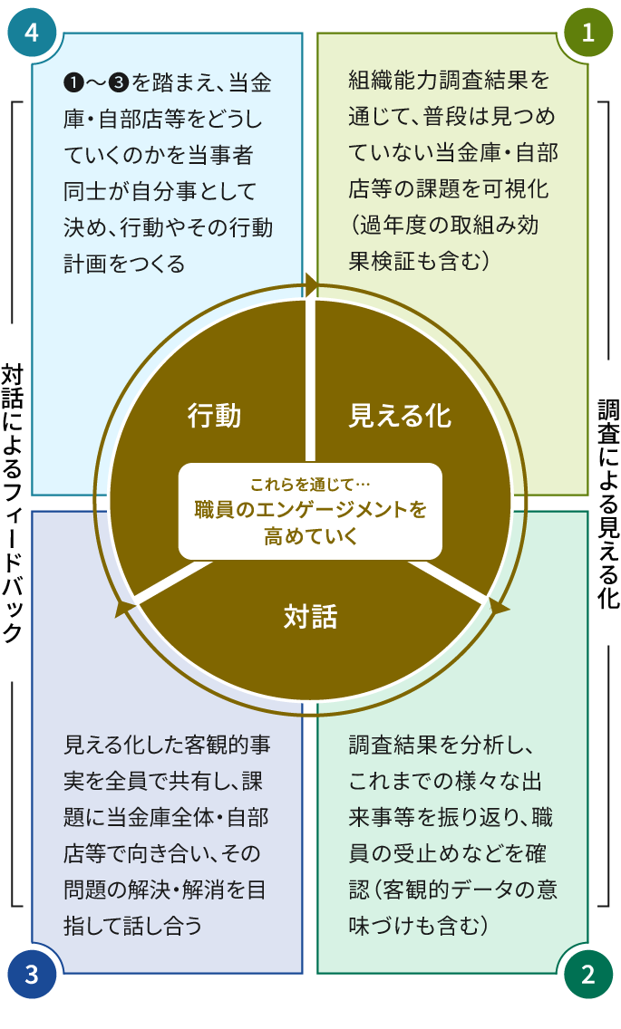 調査結果の活用イメージを示した図。中央に、行動、見える化、対話が循環する円があり、これらを通じて職員のエンゲージメントを高めていくことを示している。1と2は調査による見える化に含まれる。1は、組織能力調査結果を通じて普段は見つめていない当金庫・自部店等の課題を可視化（過年度の取組み効果検証も含む）。2は、調査結果を分析し、これまでの様々な出来事等を振り返り、職員の受止めなどを確認（客観的データの意味づけも含む）。3と4は対話によるフィードバックに含まれる。3は、見える化した客観的事実を全員で共有し、課題に当金庫全体・自部店等で向き合い、その問題の解決・解消を目指して話し合う。4は、1から3を踏まえ、当金庫・自部店等をどうしていくのかを当事者同士が自分事として決め、行動やその行動計画をつくる。