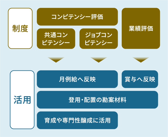 評価制度体系を示した図。上段の制度には、コンピテンシー評価、共通コンピテンシー、ジョブコンピテンシー、業績評価がある。下段の活用には、月例給へ反映、賞与へ反映、登用・配置の勘案材料、育成や専門性醸成に活用がある。共通コンピテンシーとジョブコンピテンシーは、月例給へ反映、登用・配置の勘案材料、育成や専門性醸成に活用される。業績評価は、賞与へ反映、登用・配置の勘案材料として活用される。