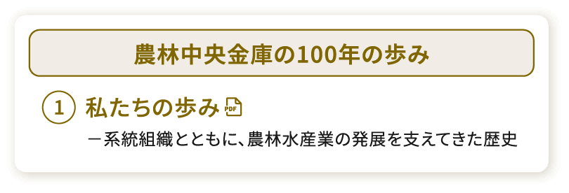 農林中央金庫の101年の歩み　①私たちの歩み　系統組織とともに、農林水産業の発展を支えてきた歴史　PDFで開く