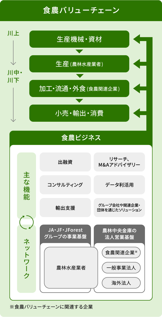 食農バリューチェーンの図。川上の生産機械・資材、生産（農林水産業者）から、川中・川下の加工・流通・外食（食農関連企業）、小売・輸出・消費へつながっている。食農ビジネスは、主な機能とネットワークを活用し、出融資、コンサルティング、輸出支援、リサーチ・M&Aアドバイザリー、データ利活用、グループ会社や関連企業・団体を通じたソリューションを提供する。事業基盤は、農林水産業者を対象とするJA・JF・JForestグループの事業基盤と、食農関連企業、一般事業法人、海外法人を対象とする農林中央金庫の法人営業基盤である。