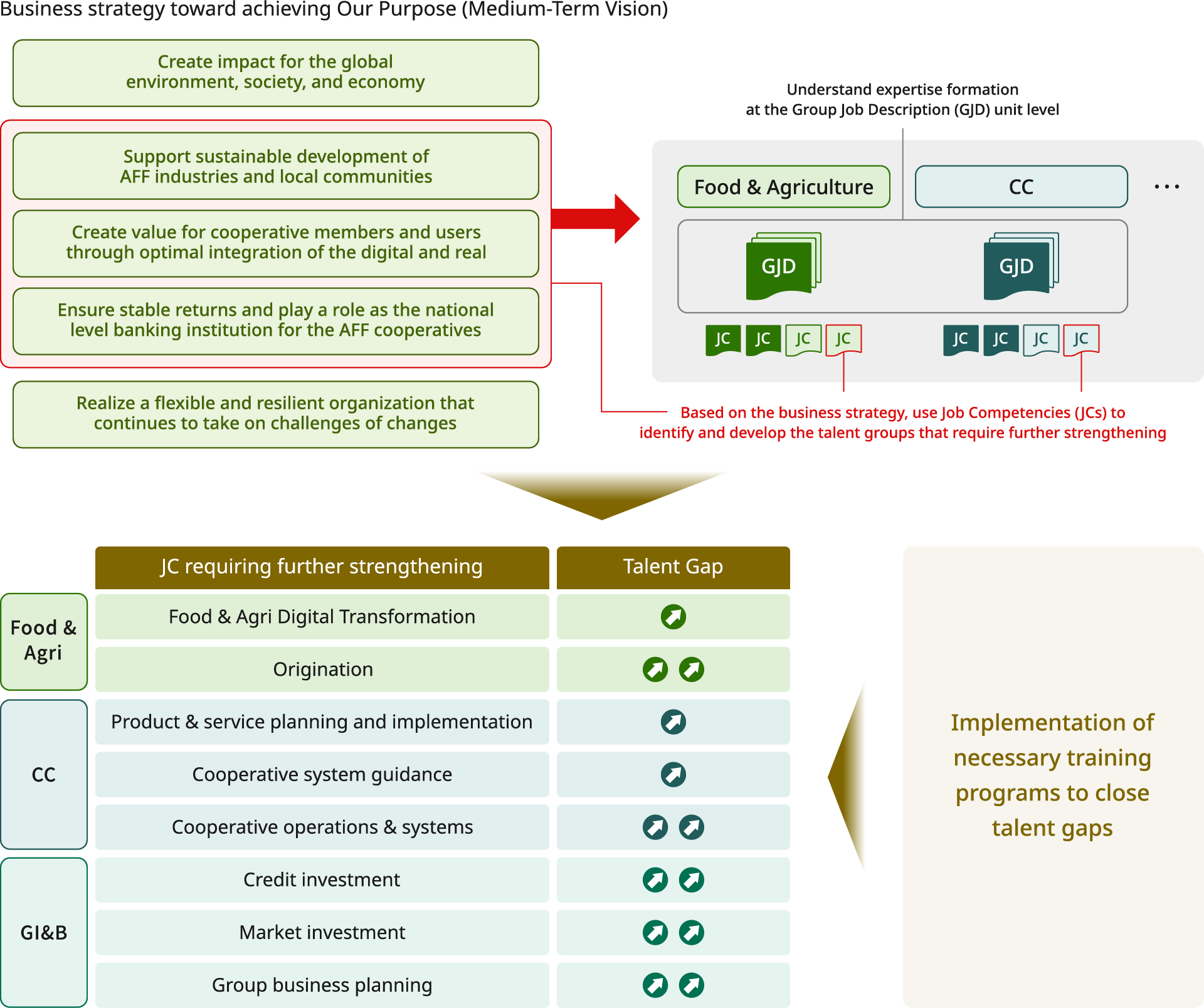Diagram illustrating the formation of talent groups. In the upper left are the business strategies and medium-term vision for realizing the Purpose: creating impact on the global environment, society, and the economy; supporting the sustainable development of agriculture, forestry, fisheries, and local communities; creating value for members and users through the optimal integration of digital and physical channels; delivering stable returns and functions to members; and realizing a flexible and resilient organization that continues to embrace change. Based on these business strategies, the diagram shows the process of establishing a framework for developing expertise by group job description (GJD) in the upper right. Examples of GJDs include Food and Agriculture, CC, and Other, with job competencies (JCs) positioned under each. At the bottom is a table showing JCs requiring further enhancement and talent gaps. For Food and Agriculture, the items shown are Food and Agriculture DX, origination, and product structuring. For CC, the items are practical product and service planning, cooperative system policies and guidance, and cooperative operations and systems. For GI&B, the items are credit investment, market investment, and group business planning. Talent gaps for each item are indicated by arrow icons: Food and Agriculture DX, practical product and service planning, and cooperative system policies and guidance are each shown with one arrow icon, while origination, cooperative operations and systems, credit investment, market investment, and group business planning are each shown with two arrow icons. On the right, the diagram states that the necessary talent development initiatives will be implemented to close the gaps.