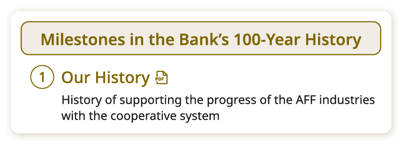 Milestones in the Bank’s 100-Year History. ① Our History. History of supporting the progress of the AFF industries with the cooperative system. Open PDF.