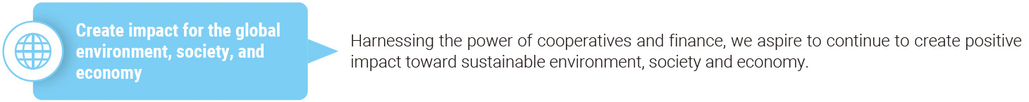 Create impact for the global environment, society, and economy.
                  Harnessing the power of cooperatives and finance, we aspire to continue to create positive impact toward sustainable environment, society and economy.