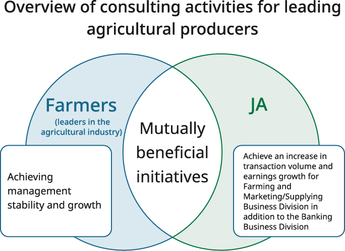 Diagram showing the overall picture of consulting for key players. The left circle is key players achieving stable management and growth, the right circle is JA achieving increased handling and profits in both credit and agricultural business, and the overlapping center is win-win initiatives.