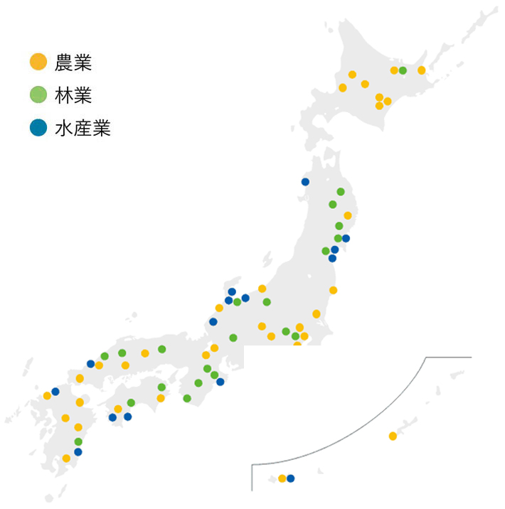 日本地図における農林水産業みらい基金の助成先を示したマップ。色分けされた点が各産業の地域分布を表している。