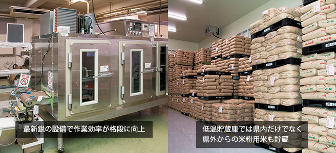 最新鋭の設備で作業効率が格段に向上 低温貯蔵最新鋭の設備で作業効率が格段に向上 庫では県内だけでなく県外からの米粉用米も貯蔵
