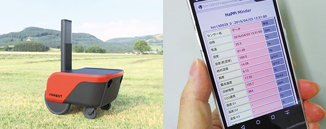 （左から）スマート農業技術の研究開発パートナー・銀座農園（株）が開発中のアグリEVロボット「新型FARBOT」、（株）四国総合研究所が開発した栽培環境モニタリングシステム「ハッピィ・マインダー」の表示画面。