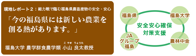 現地レポート2：総力戦で臨む福島県農畜産物の安全・安心 「今の福島県には新しい農業を創る熱があります。」 福島大学 農学群食農学類 小山良太（こやまりょうた）教授 安全安心確保対策支援 福島県 福島大学 JAグループ福島 農林中金