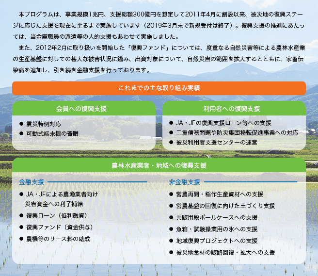 農林中央金庫の復興支援プログラム 本プログラムは、事業規模1兆円、支援総額300億円を想定して2011年4月に創設以来、被災地の復興ステージに応じた支援を現在に至るまで実施しています(2019年3月末で新規受付は終了)。復興支援の推進にあたっては、当金庫職員の派遣等の人的支援もあわせて実施しました。 また、2012年2月に取り扱いを開始した「復興ファンド」については、度重なる自然災害等による農林水産業の生産基盤に対しての甚大な被害状況に鑑み、出資対象について、自然災害の範囲を拡大するとともに、家畜伝染病を追加し、引き続き金融支援を行っております。 これまでの主な取り組み実績 会員への復興支援 ● 震災特例対応 ● 可動式端末機の寄贈 利用者への復興支援 ● JA・JFの復興支援ローン等への支援 ● 二重債務問題や防災集団移転促進事業への対応 ● 被災利用者支援センターの運営 農林水産業者・地域への復興支援 金融支援 ● JA・JFによる農漁業者向け災害資金への利子補給 ● 復興ローン(低利融資) ● 復興ファンド(資金供与) ● 農機等のリース料の助成 非金融支援 ● 営農再開・稲作生産資材への支援 ● 営農基盤の回復に向けた土づくり支援 ● 共販用段ボールケースへの支援 ● 魚箱・試験操業用の氷への支援 ● 地元産木製品提供への支援 ● 地域復興プロジェクトへの支援 ● 被災地食材の販路回復・拡大への支援
