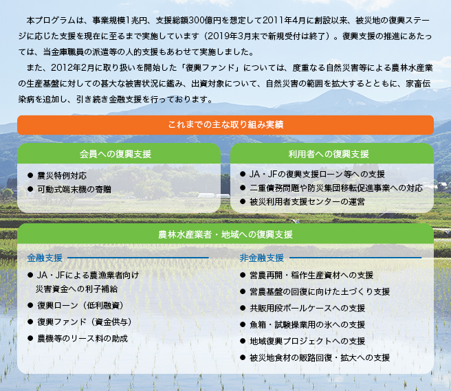 農林中央金庫の復興支援プログラム 本プログラムは、事業規模1兆円、支援総額300億円を想定して2011年4月に創設以来、被災地の復興ステージに応じた支援を現在に至るまで実施しています（2019年3月末で新規受付は終了）。復興支援の推進にあたっては、当金庫職員の派遣等の人的支援もあわせて実施しました。 また、2012年2月に取り扱いを開始した「復興ファンド」については、度重なる自然災害等による農林水産業の生産基盤に対しての甚大な被害状況に鑑み、出資対象について、自然災害の範囲を拡大するとともに、家畜伝染病を追加し、引き続き金融支援を行っております。 これまでの主な取り組み実績 会員への復興支援 ● 震災特例対応 ● 可動式端末機の寄贈 利用者への復興支援 ● JA・JFの復興支援ローン等への支援 ● 二重債務問題や防災集団移転促進事業への対応 ● 被災利用者支援センターの運営 農林水産業者・地域への復興支援 金融支援 ● JA・JFによる農漁業者向け災害資金への利子補給 ● 復興ローン（低利融資） ● 復興ファンド（資金供与） ● 農機等のリース料の助成 非金融支援 ● 営農再開・稲作生産資材への支援 ● 営農基盤の回復に向けた土づくり支援 ● 共販用段ボールケースへの支援 ● 魚箱・試験操業用の氷への支援 ● 地元産木製品提供への支援 ● 地域復興プロジェクトへの支援 ● 被災地食材の販路回復・拡大への支援