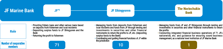 "JF" Role: • Providing fishery loans and other various loans based on deposits from fishermen and local residents • Depositing surplus funds to JF Shingyoren and the Bank • Returning the profit to fishermen Number:71 /"JF Shingyoren" Role: • Managing funds from deposits from fishermen and local residents and funds from JF through lending and investments in securities and other financial instruments to return the profits to JF, etc. (depositing surplus funds to the Bank) • Coordinating and guiding financial functions of JF within the jurisdiction Number:10 /"The Norinchukin Bank" • Managing funds from JF and JF Shingyoren through lending and investments in securities and other financial instruments to return the profits • Conducting integrated financial business operations of 71 JFs nationwide, etc. and guidance for ensuring sound business management, as a national level institution of JF Marine Bank Number:1