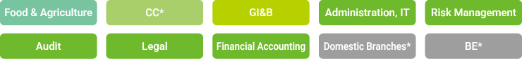Diagram showing the classification of the Bank's job groups: Food & Agriculture, Cooperative Central Banking (CC), Global Investments & Banking (GI&B), Administration & IT, Risk Management, Audit, Legal, Financial Accounting, Domestic Branches, and Business Expert.