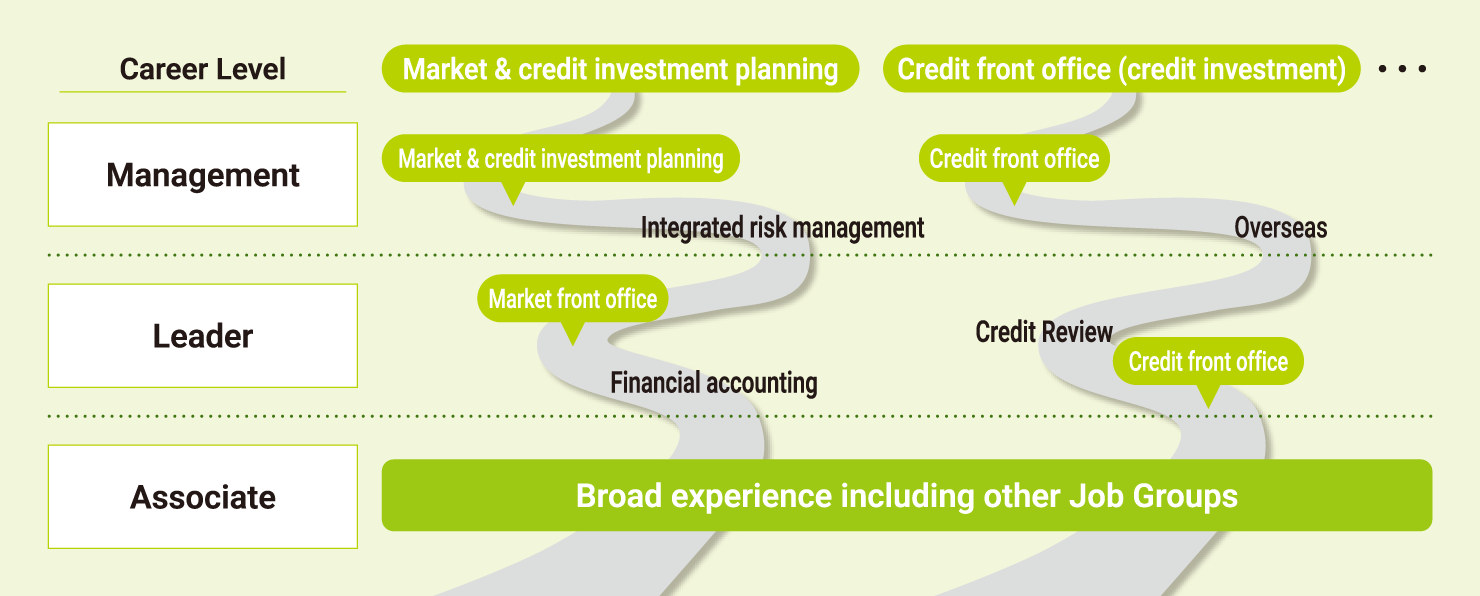 A diagram illustrating the career progression at each level within the career journey (example of the GI&B Group)