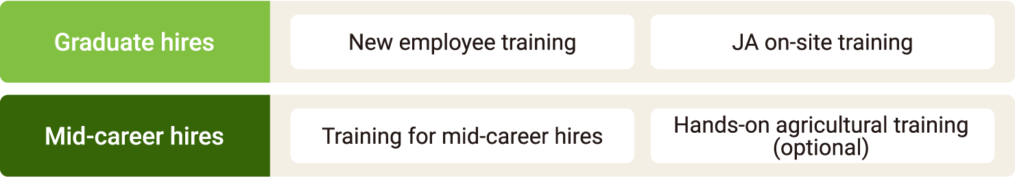 This diagram shows a list of the main training programs offered upon joining the company, corresponding to both mid-career hires and new graduates.