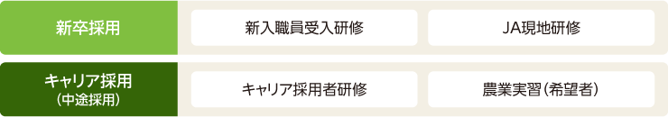 入庫時の主な研修として、キャリア採用（中途採用）および新卒採用に対応する研修を一覧で示した図